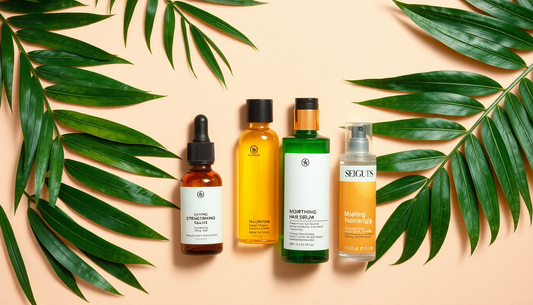 Flat-lay of 2025 Spring/Summer beauty products featuring eco-friendly tanning oil