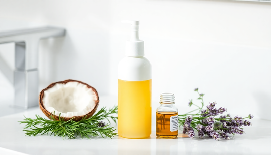 "Pairswind Root Comb Applicator Bottle filled with DIY hair oil surrounded by natural ingredients like coconut, lavender, and rosemary