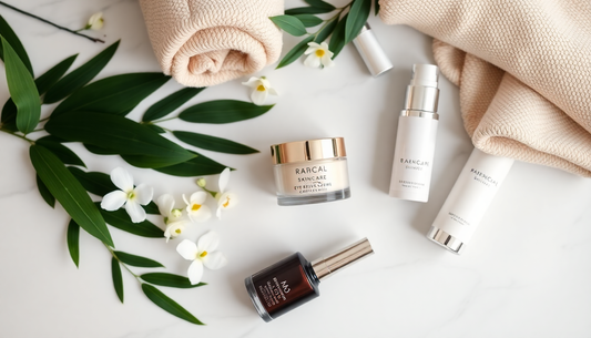 Flat lay of premium skincare products including Radical Skincare Eye Revive Creme, surrounded by natural elements like green leaves