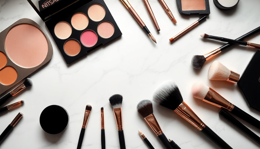 A set of essential makeup tools including brushes, sponges, and an eyelash curler neatly arranged on a vanity table.
