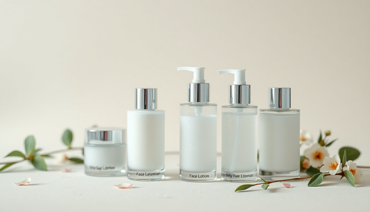 Assorted face lotions for different skin types, including hydrating and nourishing options.