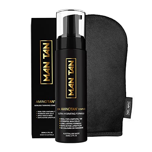 Sunless Tanner Starter Pack For Men | AMINOTAN - The Best Clear Self Tan Mousse For Men Works With Hair + Sweat Proof (Mitt & Bottle) - 6.7fl