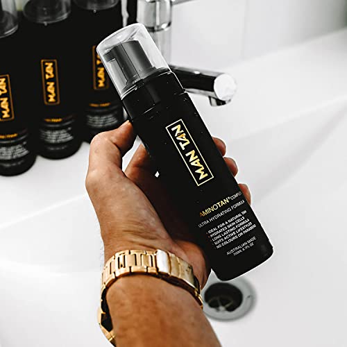 Sunless Tanner Starter Pack For Men | AMINOTAN - The Best Clear Self Tan Mousse For Men Works With Hair + Sweat Proof (Mitt & Bottle) - 6.7fl