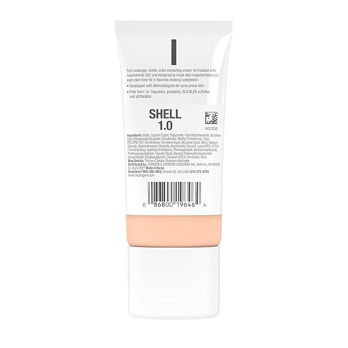 Neutrogena Clear Coverage Flawless Matte CC Cream, Full-Coverage Free, Shell, 1 oz