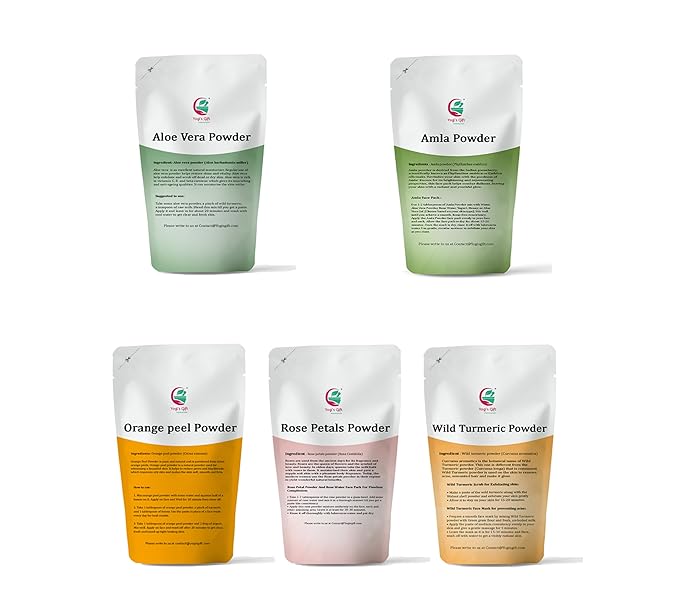 Herbal Skin Care Set | 5 powders in One Pack | Aloe vera, Amla, Orange Peel, Rose & Wild Turmeric powders | 100g Each | DIY Face Mask Powders | By Yogi's Gift®