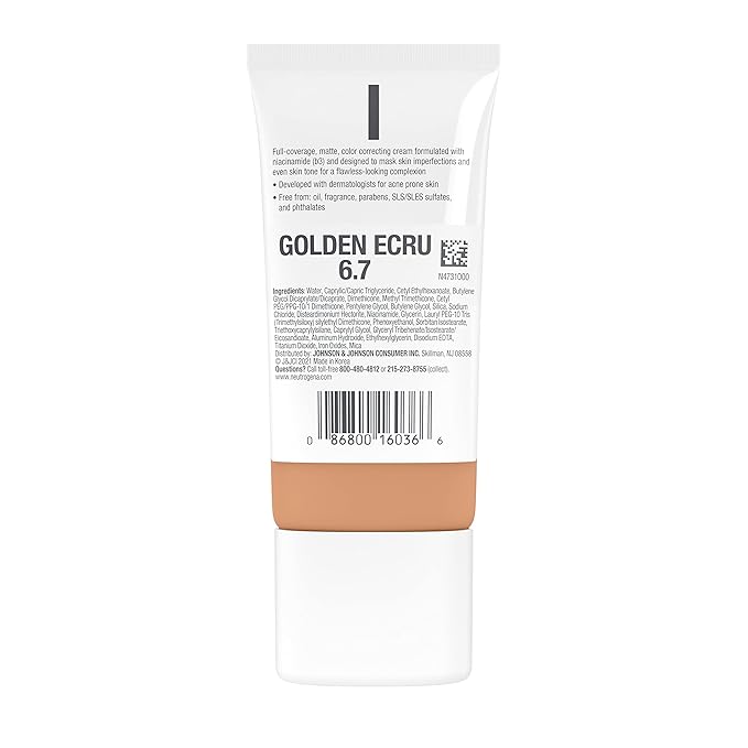 Neutrogena Clear Coverage Flawless Matte CC Cream, Full-Coverage Golden Ecru, 1 oz
