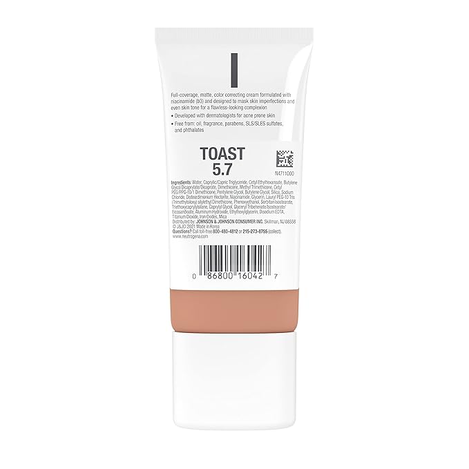Neutrogena Clear Coverage Flawless Matte CC Cream, Full-Coverage Free, Toast, 1 oz