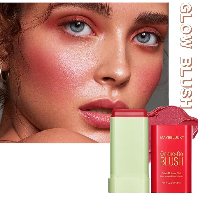 Cream Blush Stick for Cheeks, Multi-Use Makeup Blush Brush-Hot Red