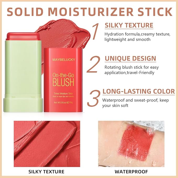 Cream Blush Stick for Cheeks, Multi-Use Makeup Blush Brush-Orange Coral