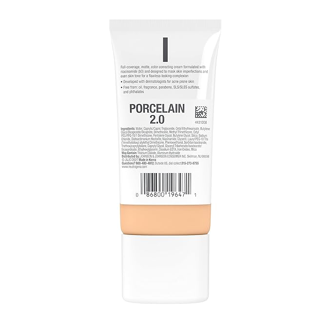 Neutrogena Clear Coverage Flawless Matte CC Cream, Full-Coverage Free, Porcelain, 1 oz