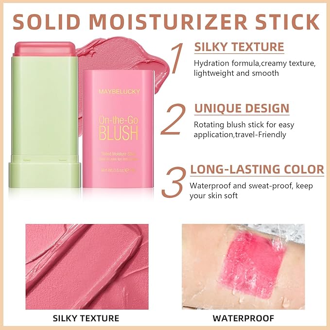 Cream Blush Stick for Cheeks, Multi-Use Makeup Blush Brush-Shy Pink