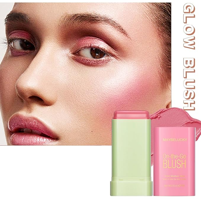 Cream Blush Stick for Cheeks, Multi-Use Makeup Blush Brush-Shy Pink