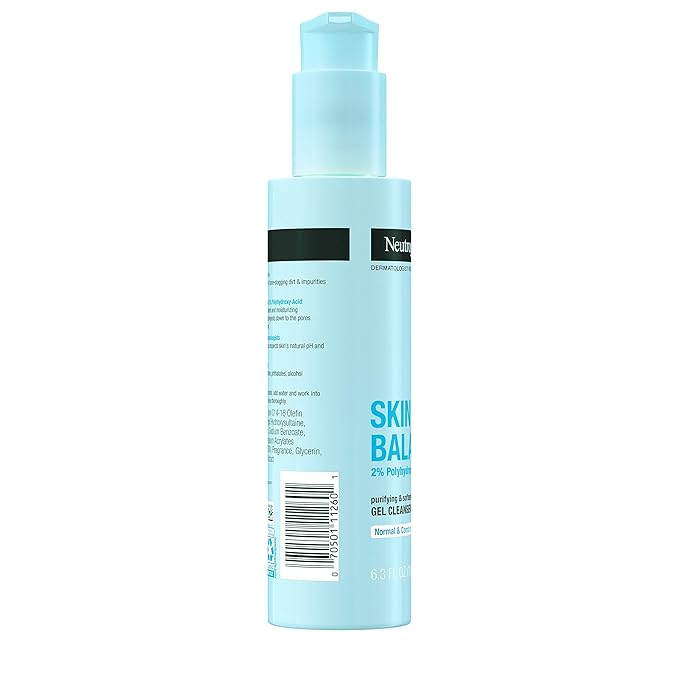 Neutrogena Skin Balancing Purifying Gel Cleanser with 2% Polyhydroxy Acid (PHA), Softening Face Wash for Normal & Combo Skin, Paraben-Free, Soap-Free, Sulfate-Free, 6.3 oz
