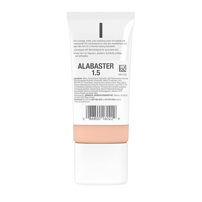 Neutrogena Clear Coverage Flawless Matte CC Cream, Full-Coverage Free, Alabaster, 1 oz