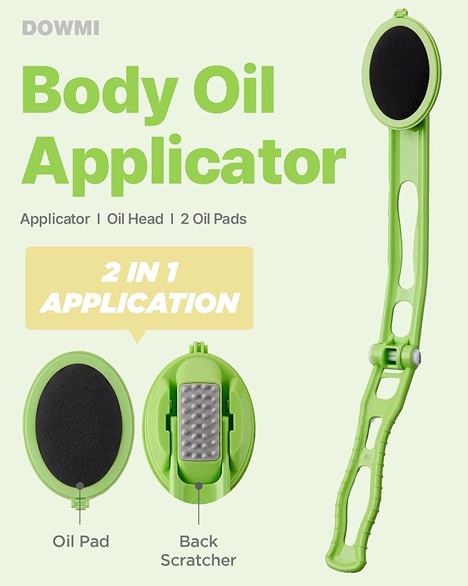 Body Oil Applicator (2nd gen) - 19" Foldable Long Curved Handle, with Replaceable Brush Head, Spill Prevention Non-Toxic Washable Foam Pad – Perfect for Tanning and Body Oils, Includes 2 Pads