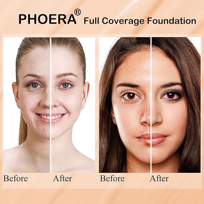 PHOERA Foundation Full Coverage,and Medium Coverage 2024 New Flawless Complexion(101+N01/Porcelain+Porcelain)