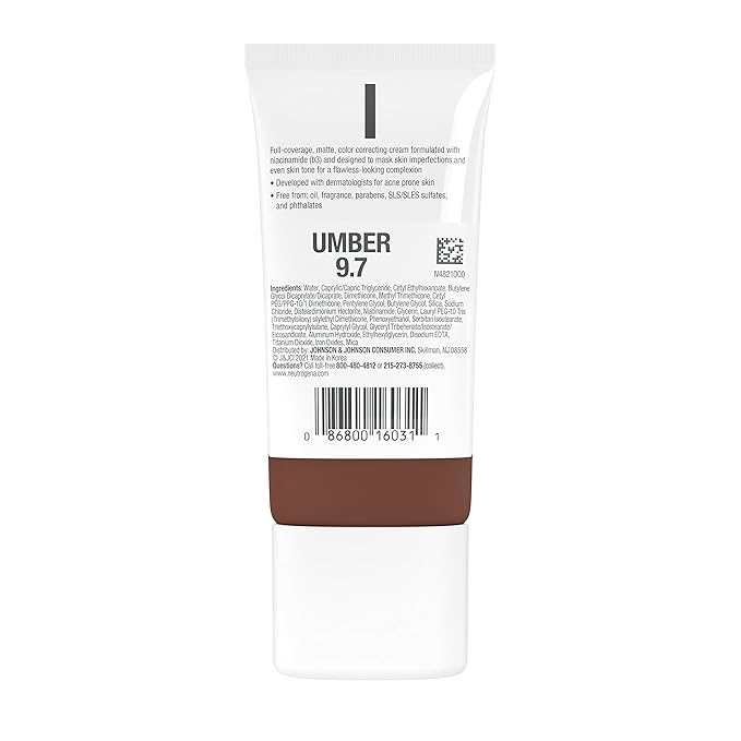 Neutrogena Clear Coverage Flawless Matte CC Cream, Full-Coverage Free, Umber, 1 oz