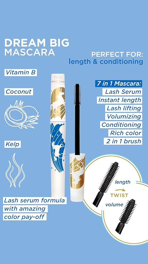 Pacifica Dream Big Mascara – Black Magic 7-in-1 Lash Extending Mascara, Twist-Adjust Brush for Length & Volume, Lash Serum Infused, Vegan Ophthalmologist tested