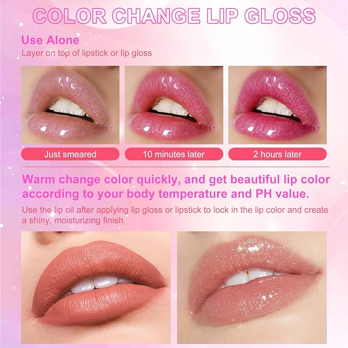 Black Color Changing Lip Oil, Temperature Change Glitter Lip Gloss, Moisturizing Plumping Lip Oil, Light Texture Non Sticky Lip Tint Oil for Lip Care (#05 Pearly Black)