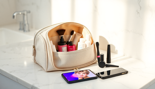 A stylish and organized travel makeup bag made of high-quality canvas on a white marble vanity, showcasing eco-friendly skincare