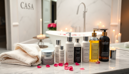 Essential body care products for healthy, glowing skin: exfoliating scrubs, moisturizing lotions, and sun protection for a daily self-care routine.
