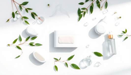 Eco-friendly Shino facial cotton pads with advanced skincare devices and natural elements, embodying 2025 beauty trends