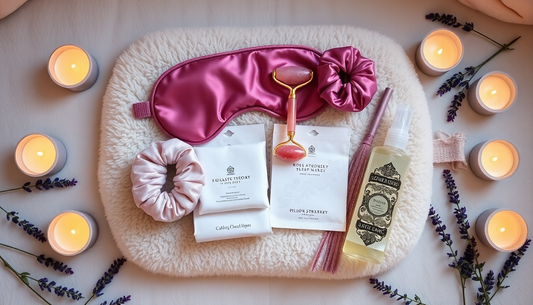 Flat-lay of a luxurious home spa kit featuring a silk sleep mask, face roller, shower steamer, facial towelettes