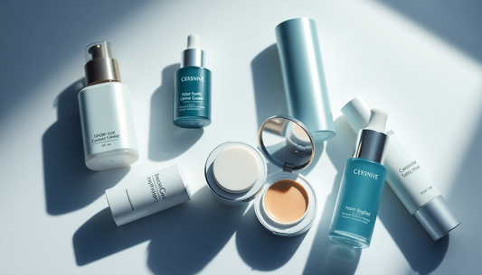 Minimalist flat lay of an under-eye concealer with a cushion-tip applicator surrounded by hydrating skincare products, highlighting hydration