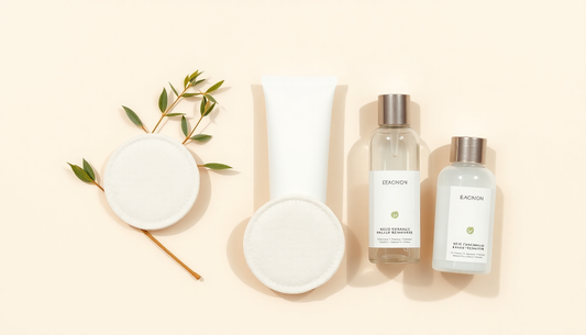 Minimalist flat lay featuring reusable bamboo makeup remover pads, eco-friendly skincare bottles