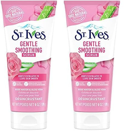 St. Ives Gentle Smoothing Face Scrub Our Gentlest Scrub Yet Rose Water and Aloe Vera Made with 100 percent Natural Exfoliants, Paraben Free, Oil-Free, Dermatologist Tested 6 oz (Pack of 2)