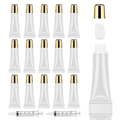 AMORIX 50PCS Lip Gloss Containers 10ml Gold Lip Gloss Tubes Empty Lip Balm Tubes Squeeze Tubes Lipgloss Supplies Lip Gloss Kit for Lip Gloss Base + 2 x 20ml Syringes & Labels