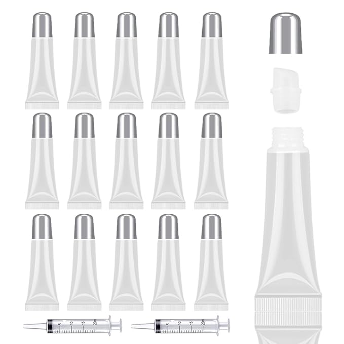 AMORIX 50PCS Matte Silver Lip Gloss Tubes 10ml Empty Lip Gloss Containers Lip Balm Tubes Refillable Cosmetic Squeeze Tubes for Lip Gloss Base Glitter with 2 x Syringes + 28pcs Tag Labels Stickers