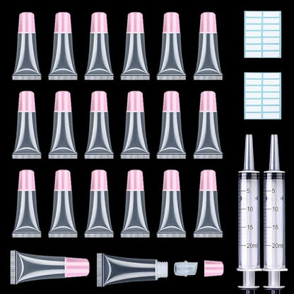 AMORIX 50PCS Lip Gloss Tubes 5ml Pink Cap Lip Gloss Containers Empty Lip Balm Tubes Squeeze Lipgloss Tubes + 2 x 20ml Syringes Tag Labels for DIY Lip Gloss Base Glitter