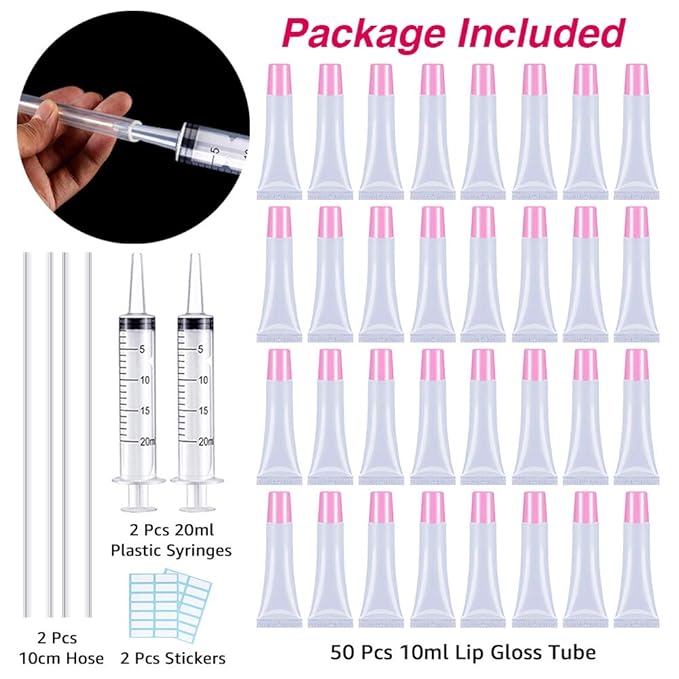 AMORIX 50PCS Lip Gloss Tubes Empty 10ml Pink Cap Lip Gloss Containers Lip Balm Tubes Cute Squeeze Tubes Lipgloss Making Supplies + 2 x 20ml Syringes Tag Labels for Lip Gloss Base