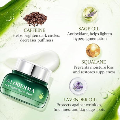 Aloderma Brightening Eye Cream with Organic Aloe Vera - Hydrating Effect for Dark Circles & Puffiness with Caffeine & Sage Oil - Day & Night Eye Care Cream for Puffy Eyes & Fine Lines, 25g/0.9oz