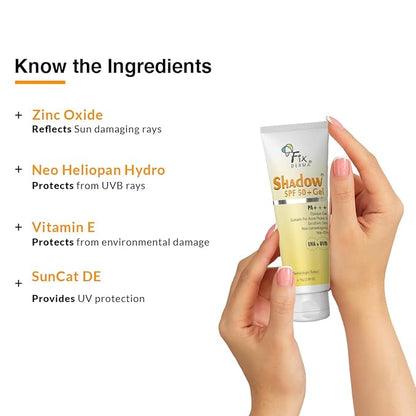 Fixderma Shadow SPF 50+ Gel, Titanium Dioxide & Zinc Oxide Sunscreen | Sunscreen for Face | SPF 50 Sunscreen & Broad Spectrum Sunscreen UVA and UVB Protection | Water Resistant Sunscreen - 2.64 Oz