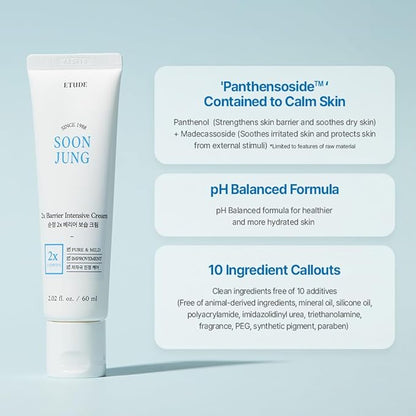 ETUDE SoonJung 2x Barrier Intensive Cream 60ml (21AD) | Hypoallergenic Shea Butter Hydrating Facial Cream for Sensitive Skin, Water-oil Balance & Panthenol for Damaged Skin | Korean Skin Care