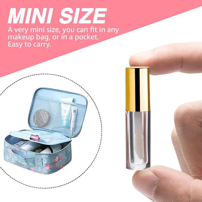 AMORIX 50PCS Mini 1.2ml Lip Gloss Tubes with Wand Empty Lip Gloss Containers Refillable Travel Lip Balm Tubes for Samples with 5ml Syringes DIY Lip Gloss Base + Labels (Gold)