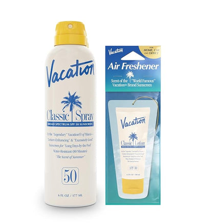 Vacation Classic Spray Sunscreen SPF 50 + Air Freshener Bundle, Broad Spectrum Sunscreen Spray, Vegan Sunblock Spray, Body Spray with SPF, Spray Sunscreen SPF 50, 6 fl. Oz.