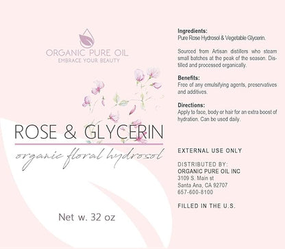 Rosewater Glycerin Mist Toner Bulk Spray Facial Body Floral Cleanser Pure Rose Hydrosol Vegetable Glycerine Moisturizing Cleansing Toning Mix Face Skin Hair Body - Packaging May Vary (32 Ounces)