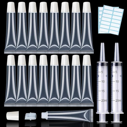 AMORIX 50PCS Lip Gloss Tubes 20ml White Cap Lip Gloss Containers Empty Refillable Cosmetic Squeeze Lipgloss Tubes + 2 x 20ml Syringes Tag Labels for DIY Lip Gloss Base Glitter