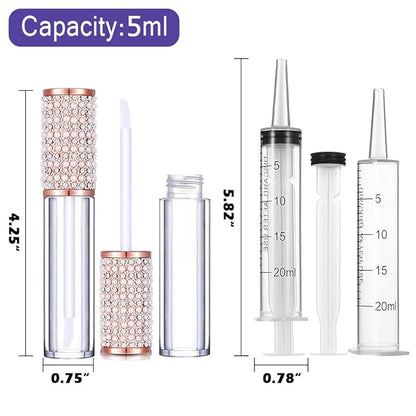 AMORIX 24 Pack Lip Gloss Tubes with Wand 5ml Empty Rhinestone Lip Gloss Containers Cute Lipgloss Bottles Lip Gloss Supplies Kit + 2pcs Syringes + Labels for DIY Lip Gloss Base
