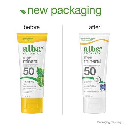 Alba Botanica Sheer Mineral Sunscreen Lotion, Broad Spectrum SPF 50, Fragrance Free, 3 fl oz