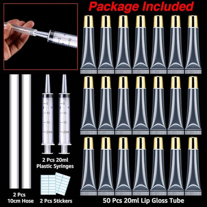 AMORIX 50PCS Lip Gloss Tubes 20ml Gold Cap Lip Gloss Containers Empty Lip Balm Tubes Refillable Cosmetic Squeeze Lipgloss Tubes + 2 x 20ml Syringes Tag Labels for DIY Lip Gloss Glitter