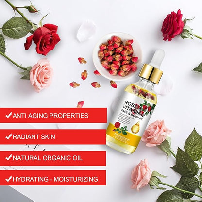 Vitamin E Oil, Rose Oil, Vitamin E Oil for Face, Organic Vitamin E Oil, Rose & Vitamin E Moisturizer Oil for Face and Skin Care 2 Fl Oz
