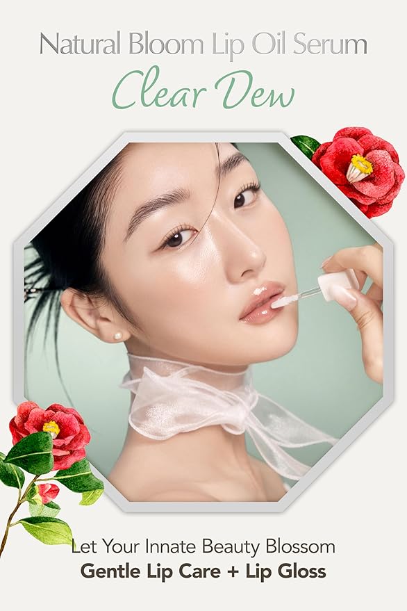Natural Bloom Korean Lip Oil Serum 0.14 fl oz | Moisturizing Lip Booster Plumping Oil Serum Enriched w/Camellia & Safflower Oils | Non-Irritating Clear Lip Gloss with Glazed Finish (Clear Dew)