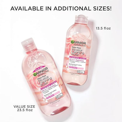 Garnier Micellar Water with Rose Water and Glycerin, Hydrating Facial Cleanser & Makeup Remover, For All Skin Types, Vegan, Cruelty Free, 13.5 Fl Oz (400mL), 1 Count