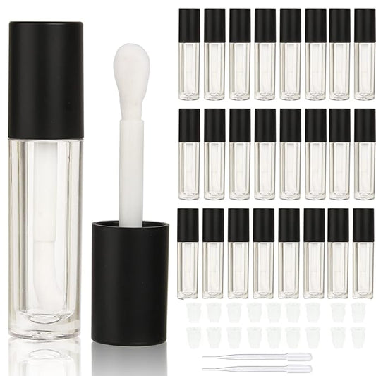 COSIDEA 24 pcs Empty 5ml big brush lip gloss tube black round lipgloss tubes container with big doe foot wand cosmetic packing containers