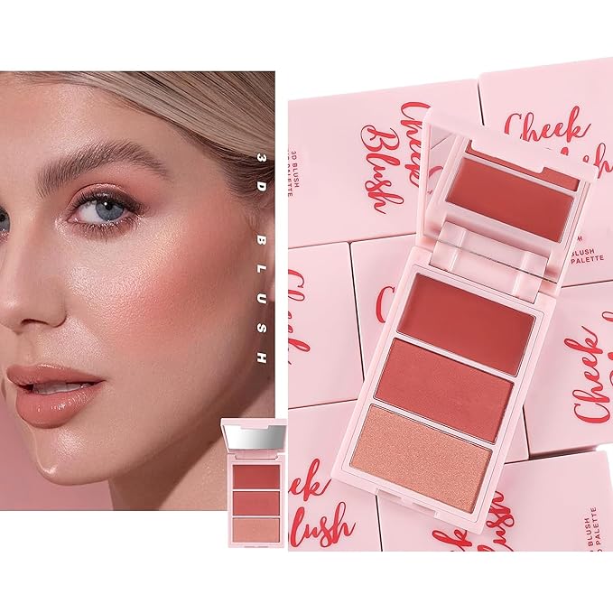 3D Blush Palette, Multi-Use Makeup Powder Blush Palette Cream Blush For Cheeks, Mulit Balm, Lightweight, Smooth, Blendable, Long-Lasting Pigment, Natural Shimmery Or Matte Finish, #01 Rose