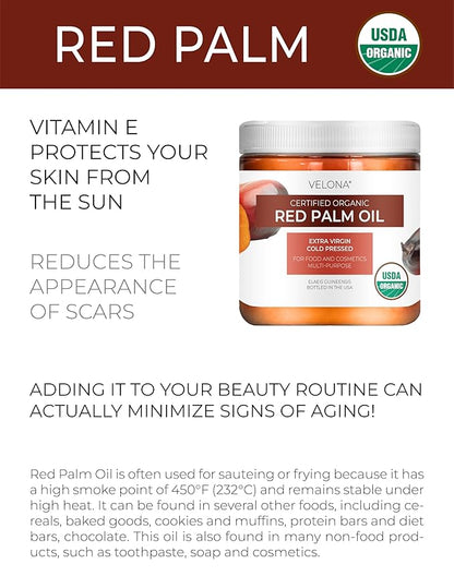 velona USDA Certified Organic Red Palm Oil 8 Fl Oz | Food and Cosmetic Grade | in jar | Extra Virgin, Cold Pressed | Skin, Face, Body, Hair Care | Use Today - Enjoy Result